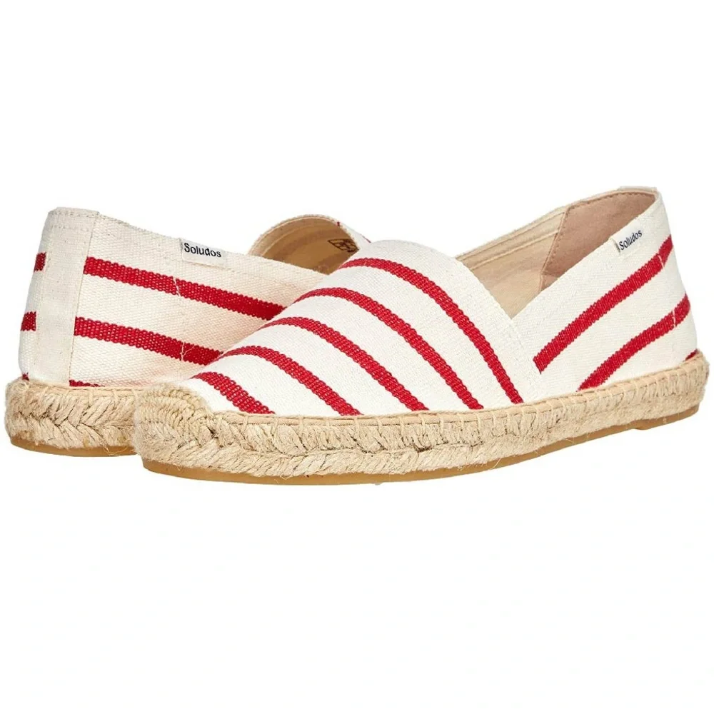 Soludos Dali Red Cream Linen Stripe Espadrilles Flats Summer NEW Womens 11
